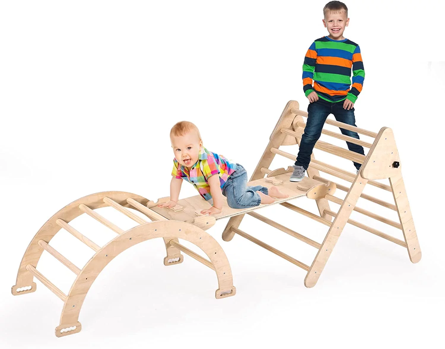 4 in 1 Pikler Triangle Climber, Foldable Wooden Triangle Ladder Montessori Climbing Toys with Ramp Arch Climber Rocker Indoor Outdoor Gym Playground Climbing Toys for Toddlers(Natural)