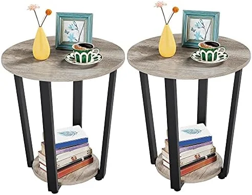 WTYNKAE Industrial Small Round End  for Living Room   2-Tier  Sofa Table with  Rack and Metal Frame for Small Spaces Office  Accent   Rustic Brown