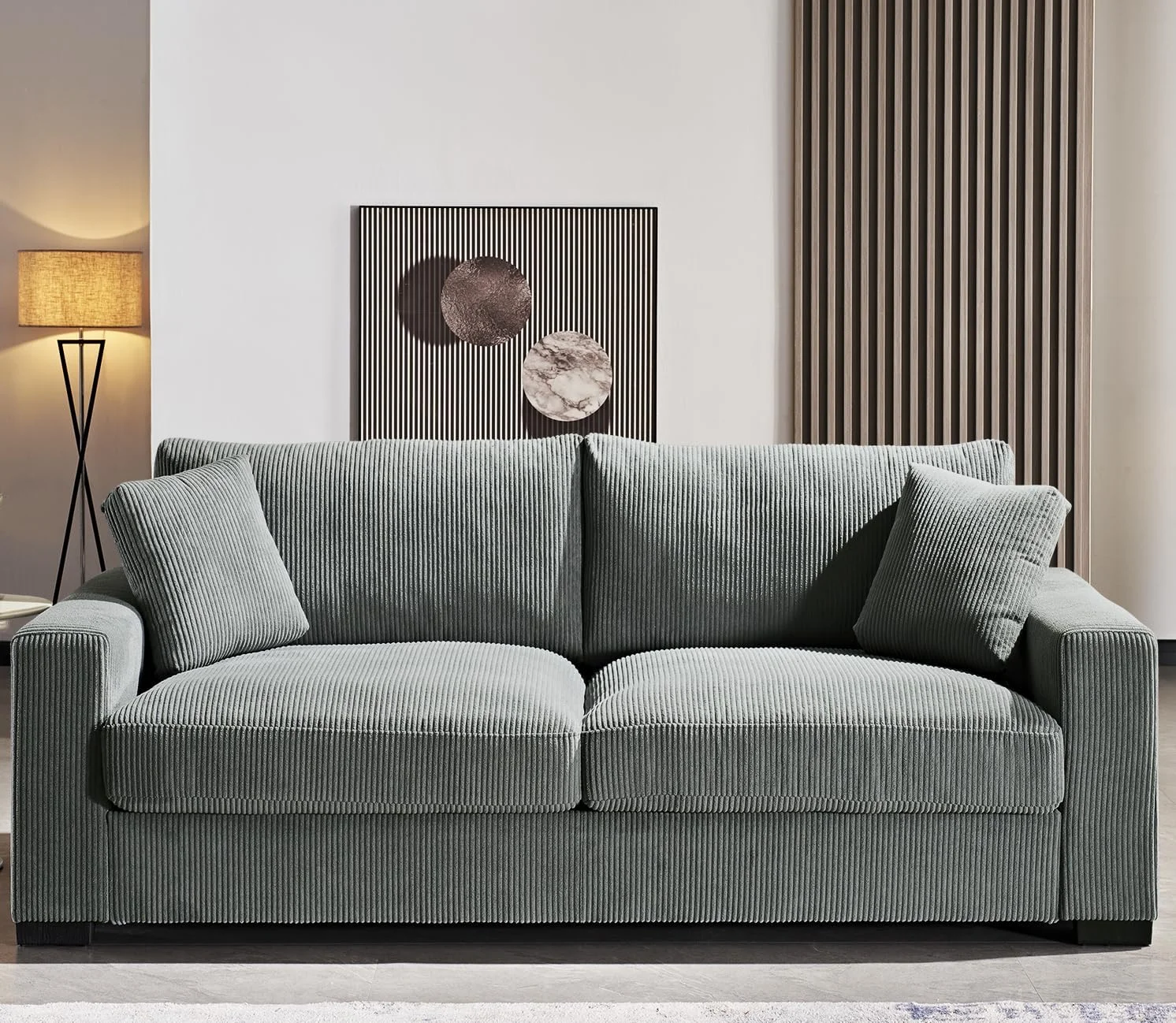 US Pride Furniture Luxe Living Room Sofa with Soft Corduroy Upholstery and 2 Toss Pillows Ample and Cozy 3 Seater Couch W89xD40.2xH31.9 Grey