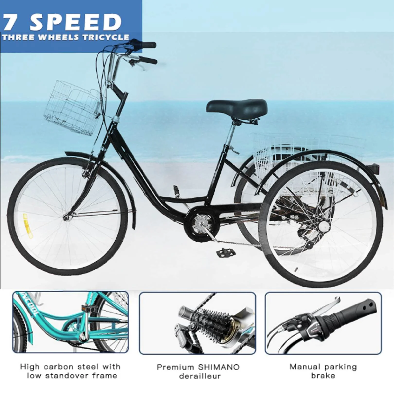 Dinling 7 Speed Adult Tricycle, 26-Inch 3 Wheels Bike, Low Step-Through Frame, Large Cruiser Seat, Front and Rear Basket, Black