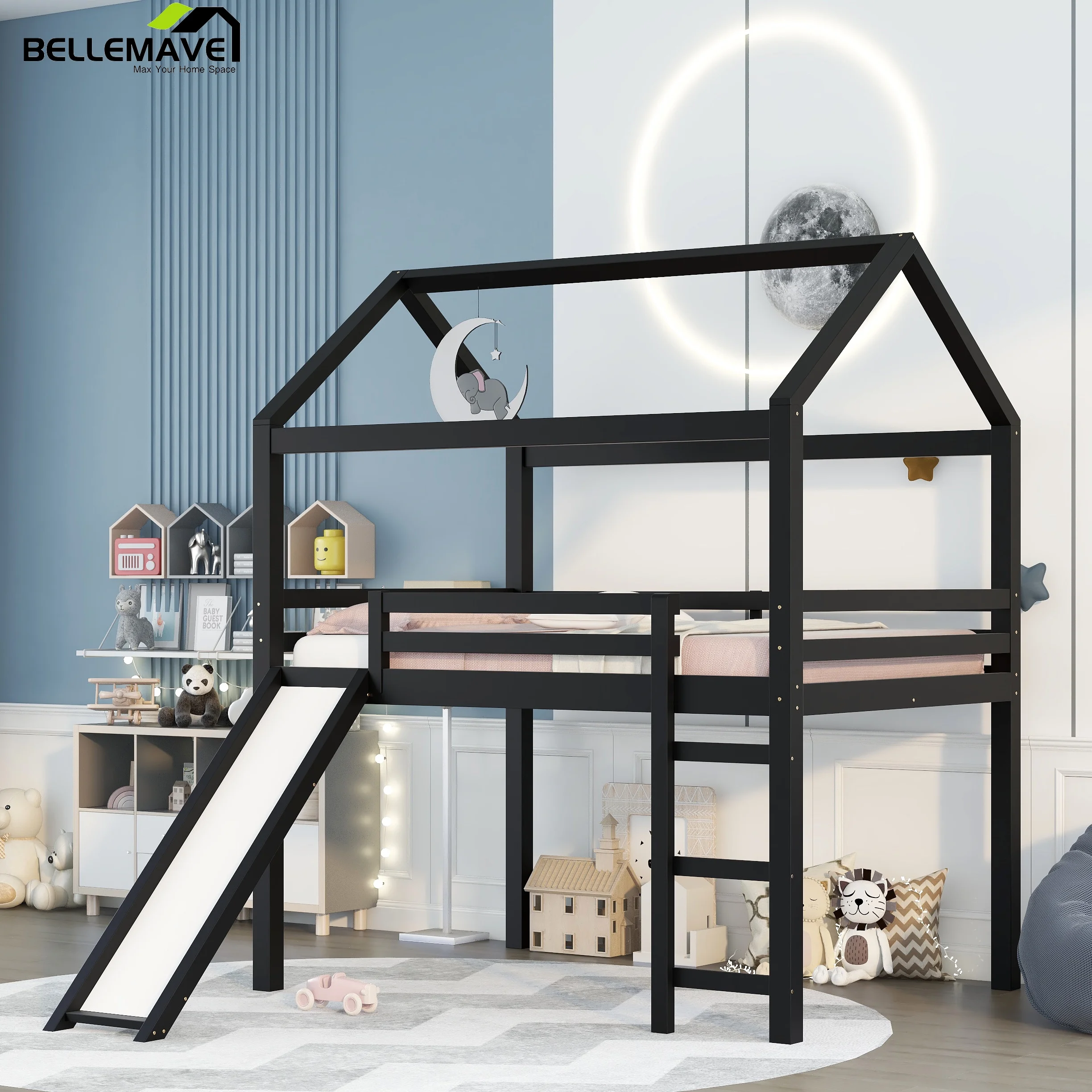 Bellemave Full Size Loft Bed with Slide, Wood Kids House Loft Bed with Ladder, Full Slide Bed Frame for Kids Child Girls & Boys, Espresso