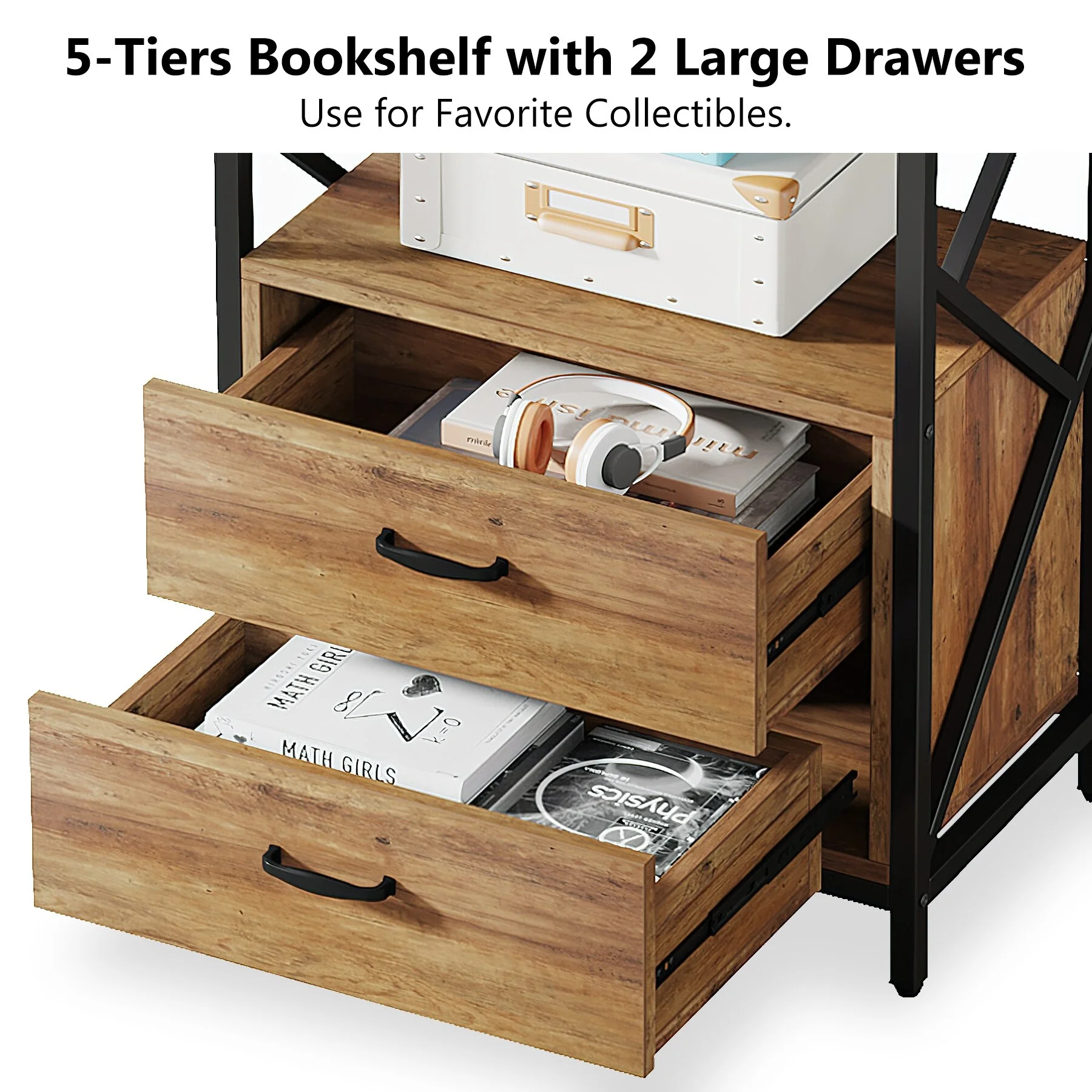 5-Tier Bookshelf Industrial Bookcase with 2 Drawers Rustic Brown