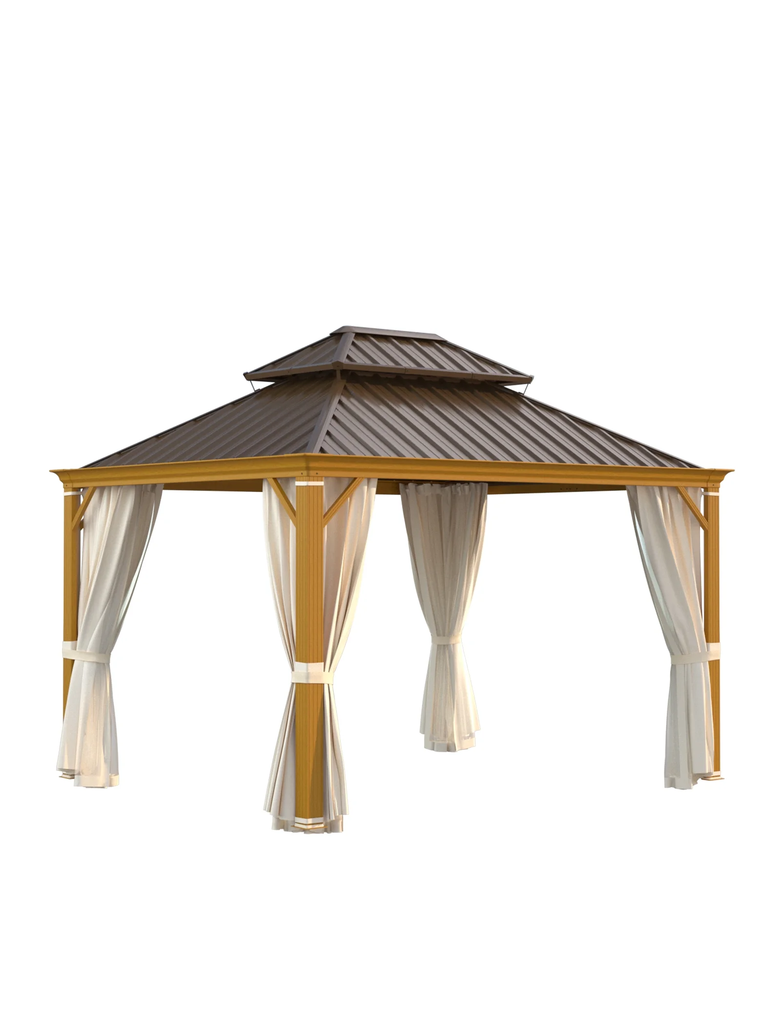 Hommow 10' x 12' Hardtop Gazebo, Wooden Finish Coated Aluminum Frame Gazebo with Double Roof