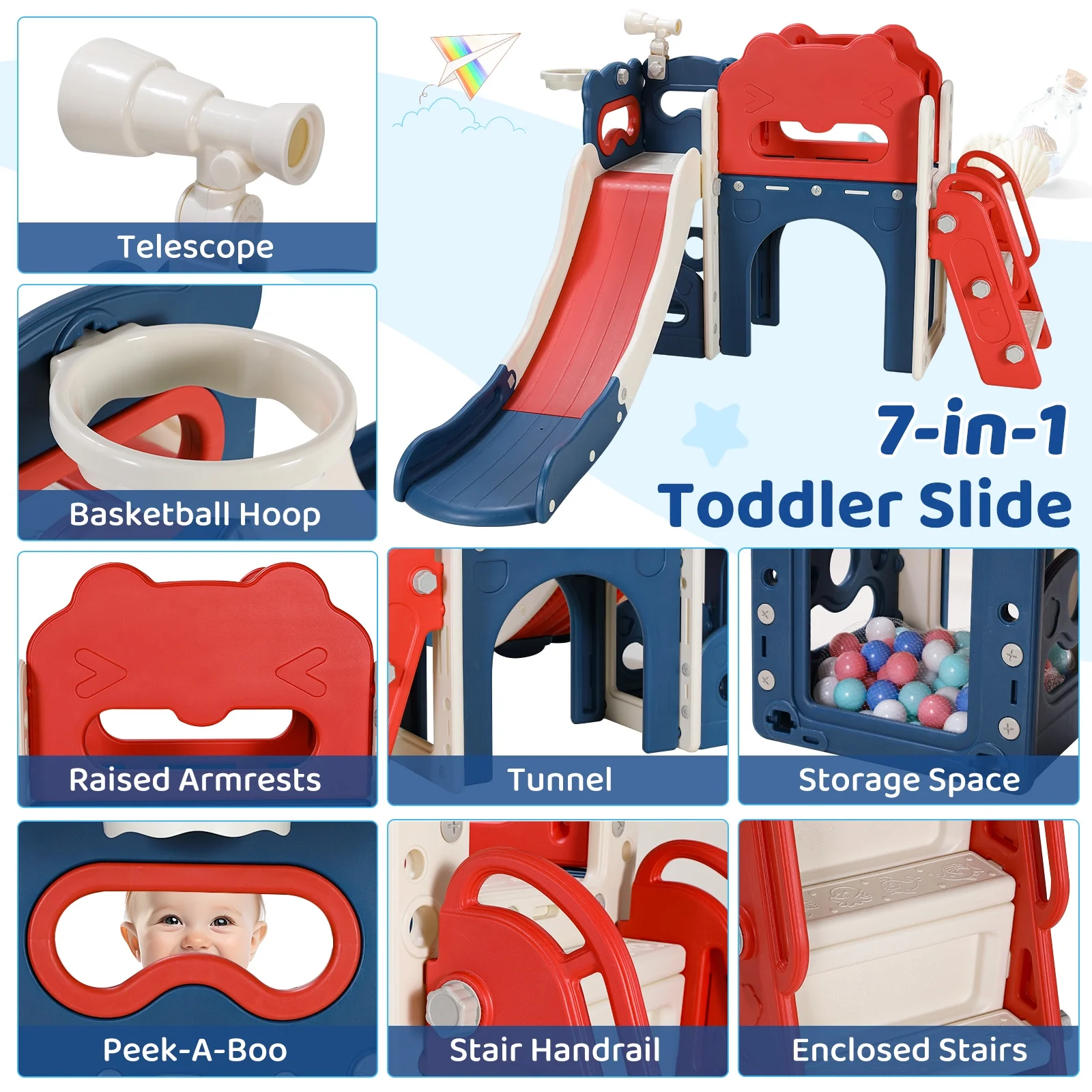 Pirecart 8 in 1 Kids Slide Set, Toddler Climber Slide Play Set With Basketabll Hoop, Tunnel, Telescope and Ball