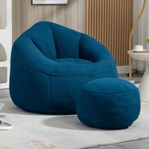 HVSDIMO Bean Bag Sofa  Microfiber Upholstered Bean Bag Couch with Petal Back  Padded Lazy Sofa with Footstool  Memory Foam Stuffed Bean Bag Couch for Living Room  Bedroom  Apartment (Beig