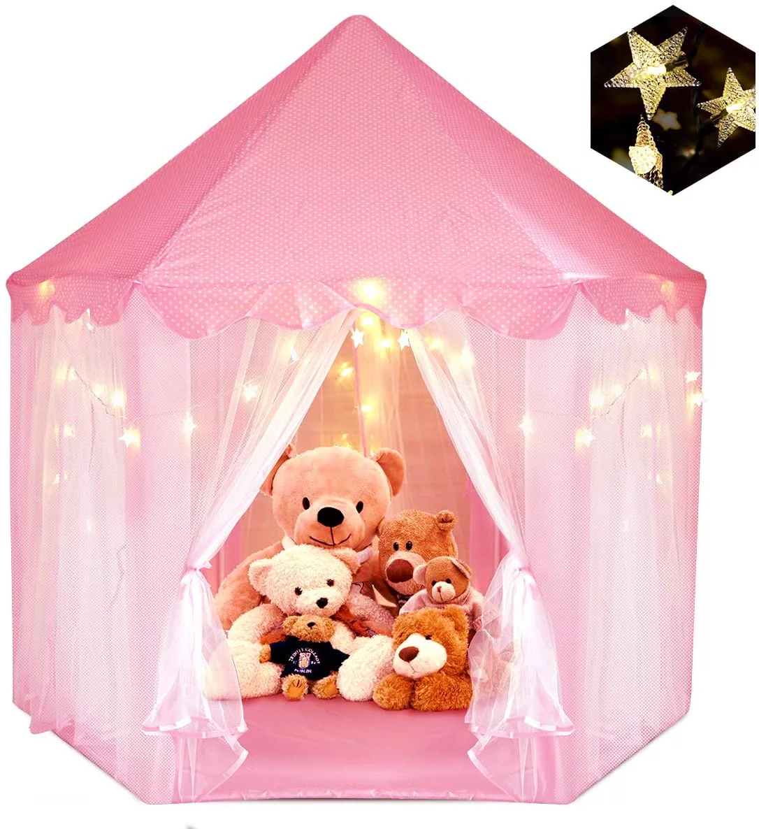 HomeDirect Princess Castle Playhouse Tent for Girls with LED Star Lights – Indoor & Outdoor Large Kids Play Tent for Imaginative Games – ASTM Certified, Princess Tent, 230 Polyester Taffeta. Pink