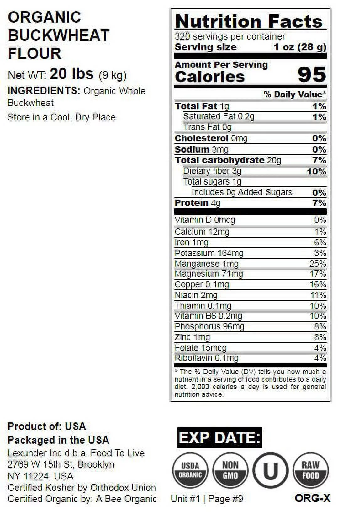 Organic Whole Grain Buckwheat Flour, 20 Pounds — Non-GMO, Kosher, Raw, Vegan — by Food to Live