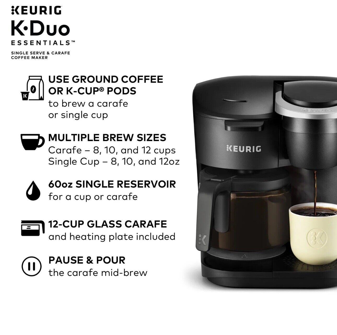 Keurig K-Duo Essentials Black Single-Serve K-Cup Pod Coffee Maker Black NIB