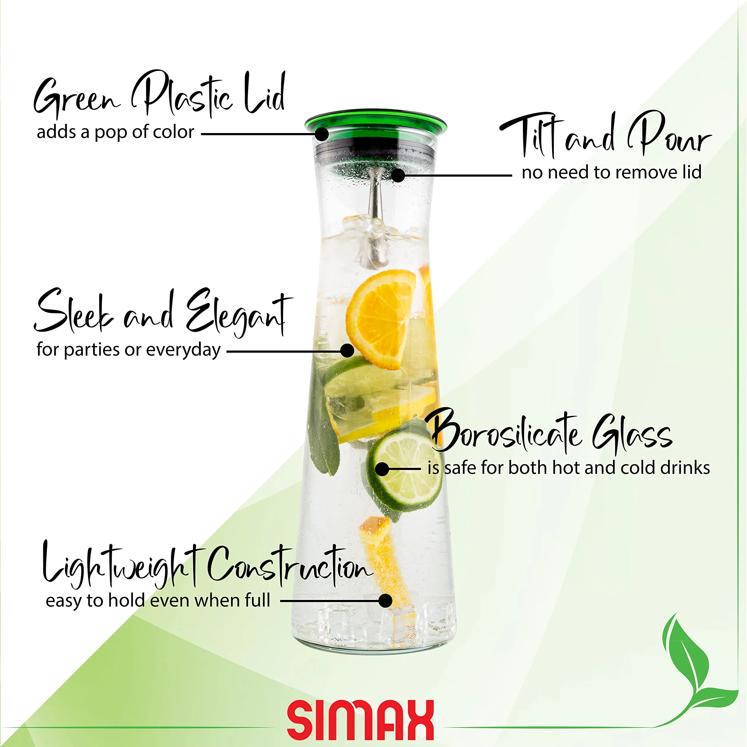 Simax Glassware Clear Glass Carafes | Set of Three Glass Pitchers Fun Green Lids Easy Pour Design Durable Shock Resistant Borosilicate Glass Dishwasher Safe Holds 1 Quart