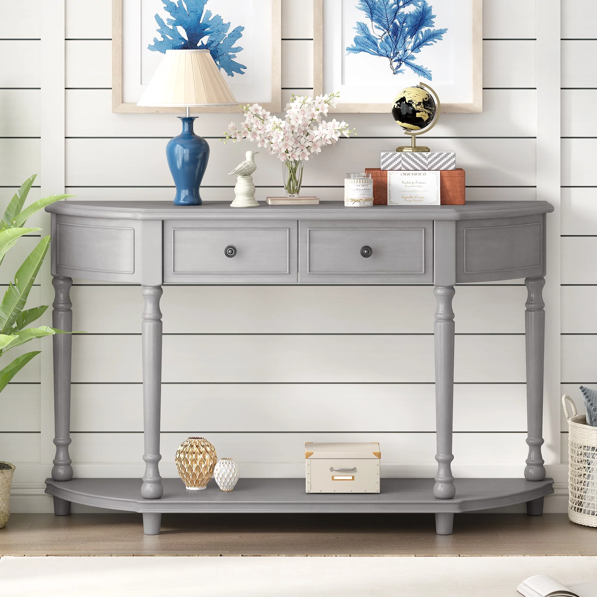 Retro Circular Curved Design Console Table with Open Style Shelf Solid Wooden Frame and Legs Two Top Drawers (Gray Wash, OLD SKU: WF298768AAE)