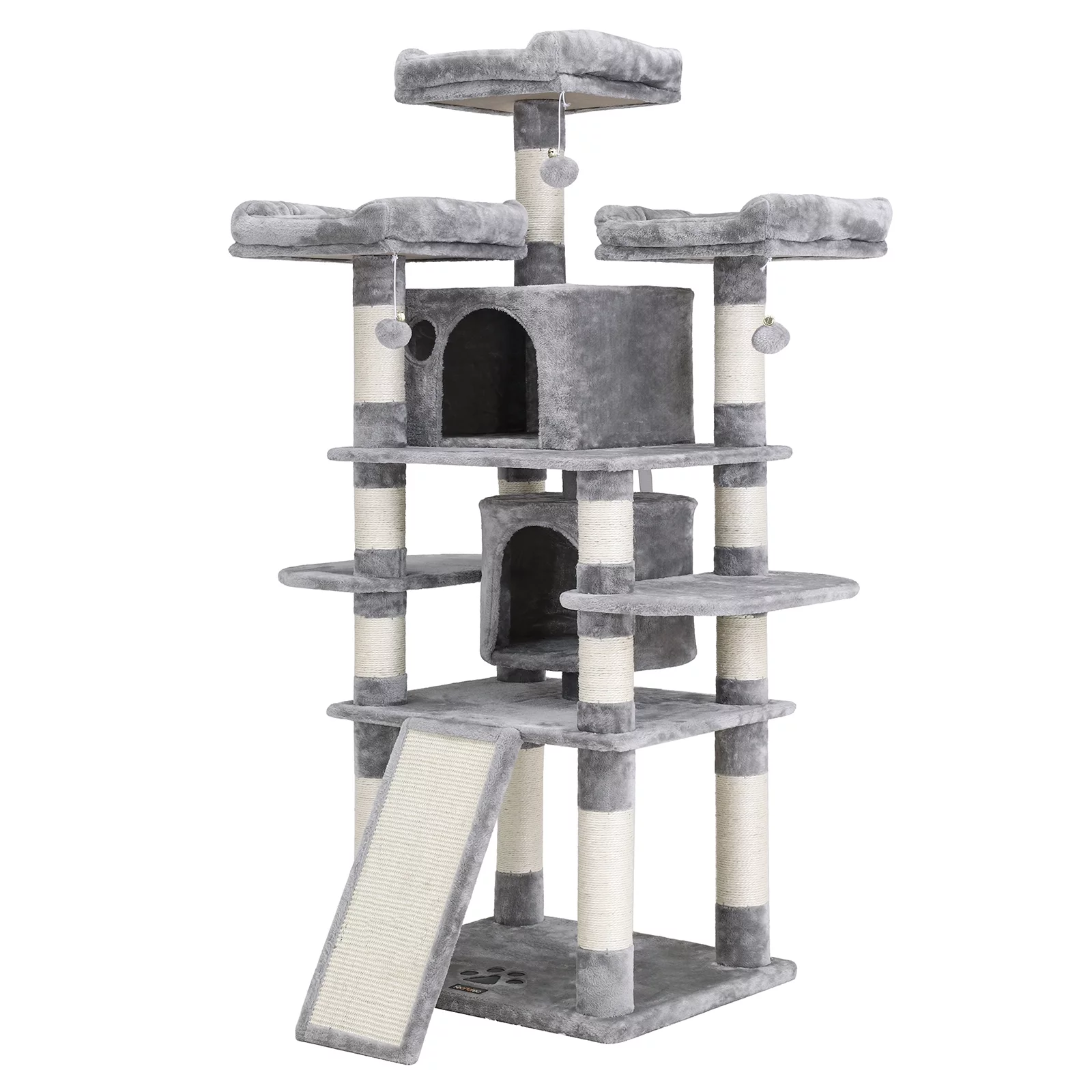 FEANDREA 67-Inch Multi-Level Cat Tree for Large Cats with Cozy Perches Stable Light Gray