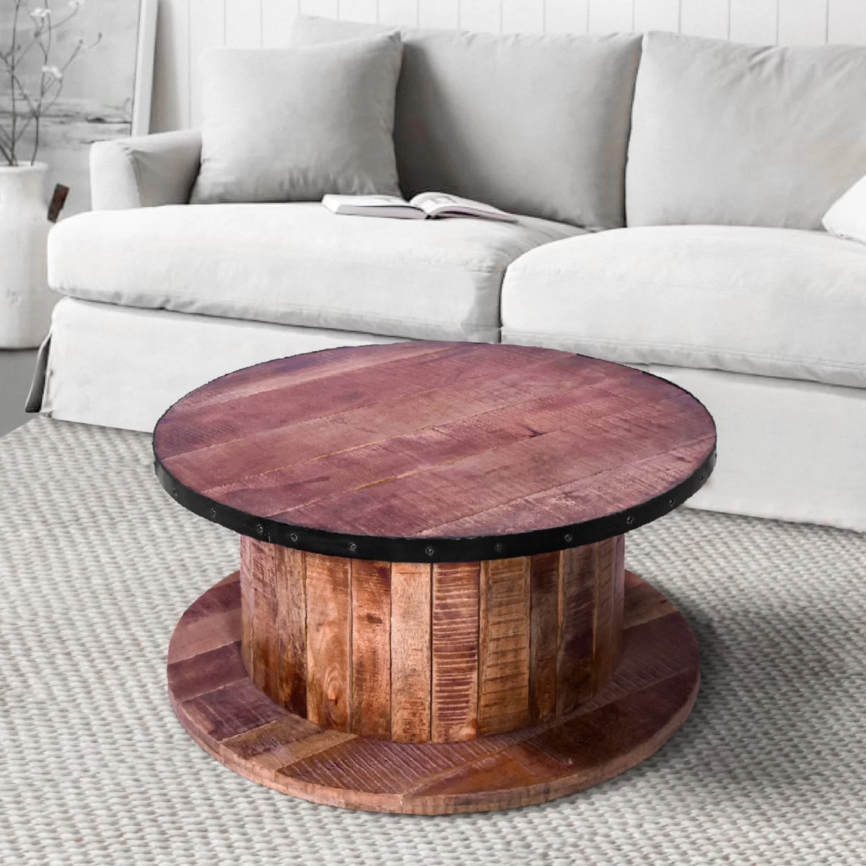 36 Inch Mango Wood Farmhouse Coffee Table with Rustic Plank Style Round Top and Base, Walnut and Natural Brown- Saltoro