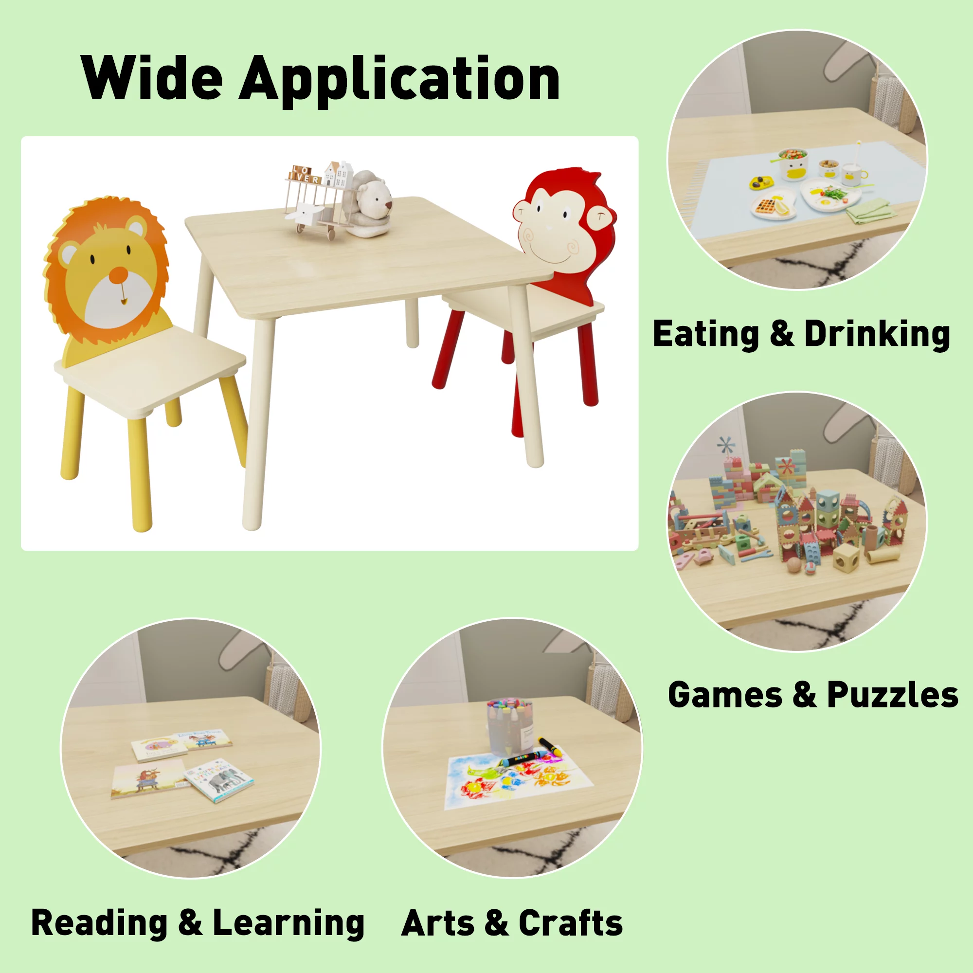 Kids Table and 2 Chairs Set - 3-Piece Toddler Wooden Activity Play Table Set(Lion & Monkey)