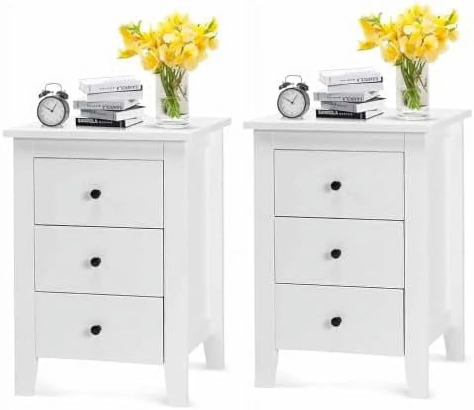 SQFGHB Nightstand   with 3 Drawers  Bedroom Side  Cabinet Wooden End Table Accent Table Solid Wood Legs (White  1 Pic)