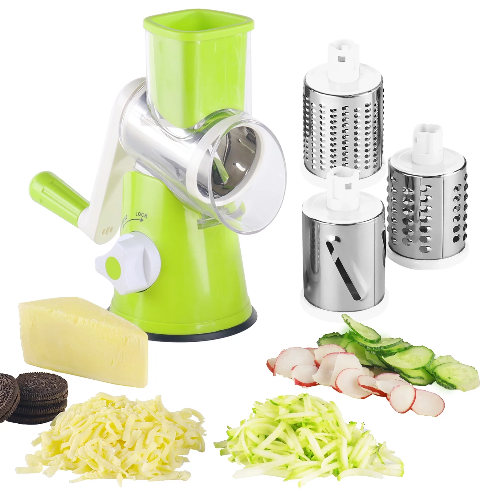 EDEFISY Cheese Grater - 3-in-1 Stainless Steel Cheese Shredder Rotary Graters for Kitchen, Food Shredder for Cheese, Nuts, Chocolate, Green