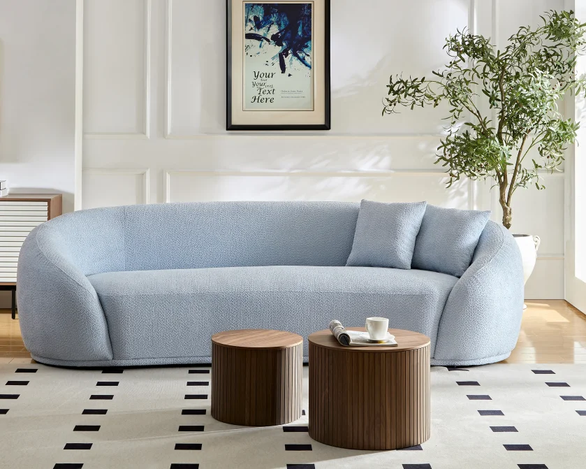 DeeHome 3 seater sofa Modern combination Half Moon casual teddy wool sofa Curved sofa, blue sky