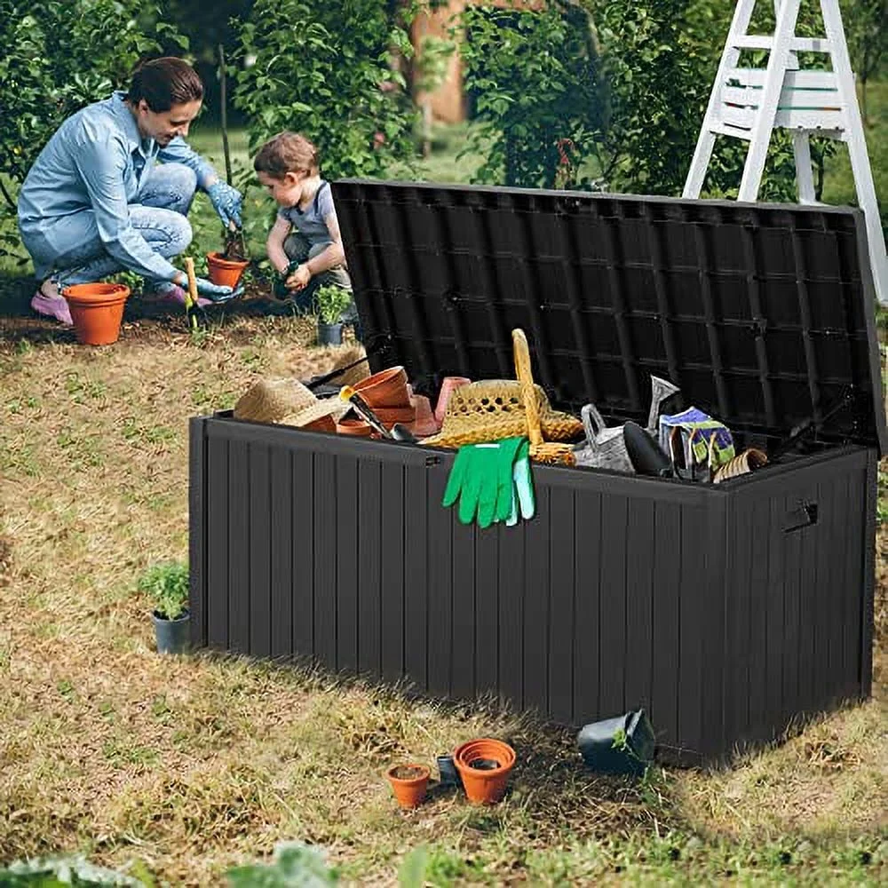 120 Gallon Patio Storage Box, Outdoor Storage Box Waterproof, Lockable Large Resin Deck Box, Storage Container for Patio Furniture Cushions, Garden Tools, Toys, Black