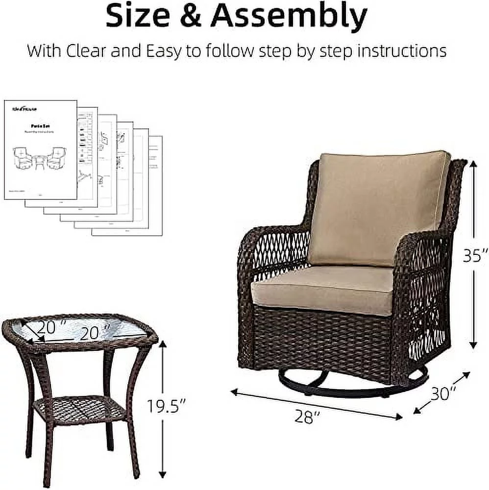Outdoor Wicker Swivel Rocker Patio Set, 360 Degree Swivel Rocking Chairs Elegant Wicker Patio Bistro Set with Premium Cushions and Armored Glass Top Side Table for Backyard
