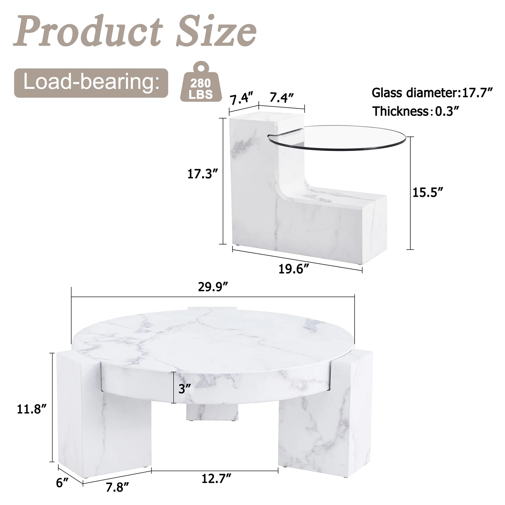 Sudica Round Coffee Table Set of 2, Modern Faux Marble Center Table with Glass Side Table for Living Room Bedroom