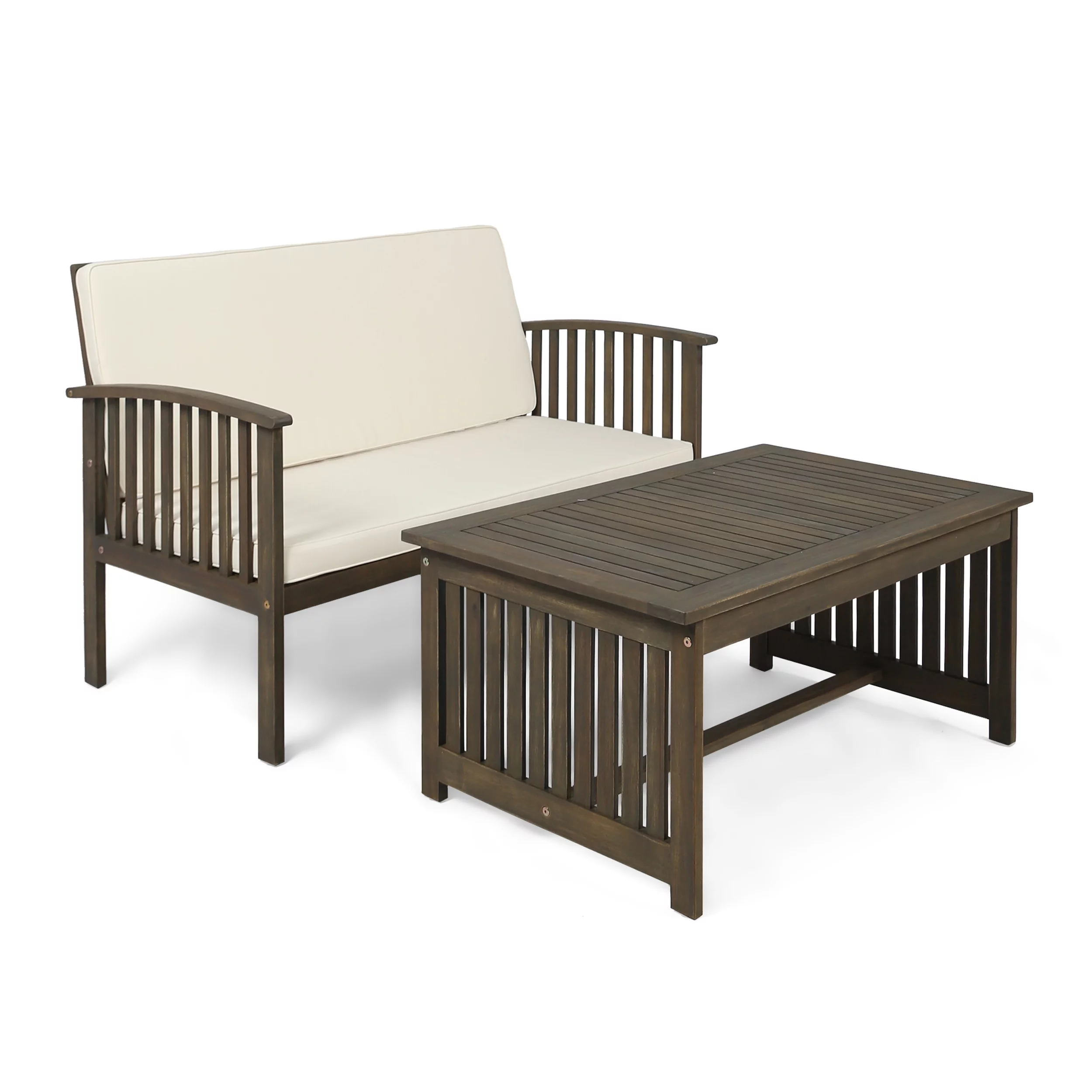 GDF Studio Navan Outdoor Acacia Wood Loveseat and Coffee Table Set, Gray and Cream