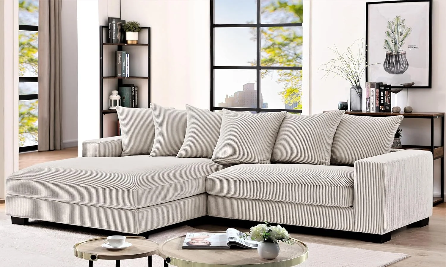 US Pride Furniture Luxe Oversized Two-Piece Sectional Couches for Living Room L Shaped Sofa with Chaise Upholstered with Corduroy Fabric Facing Left Ivory