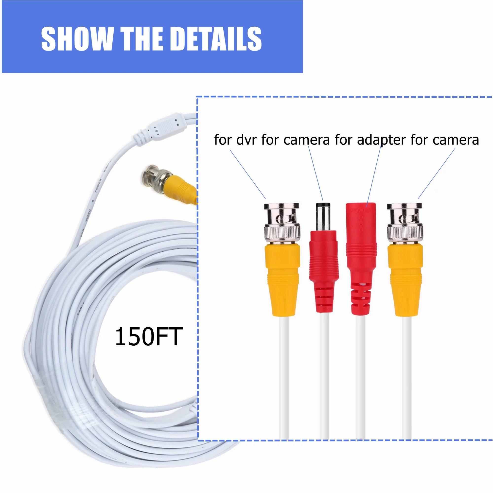 FITE ON 150ft White BNC Cable Cord Lead Replacement for Night Owl 8 Channel DVR 1 TB HDD 4 5MP HD Bullet Camera