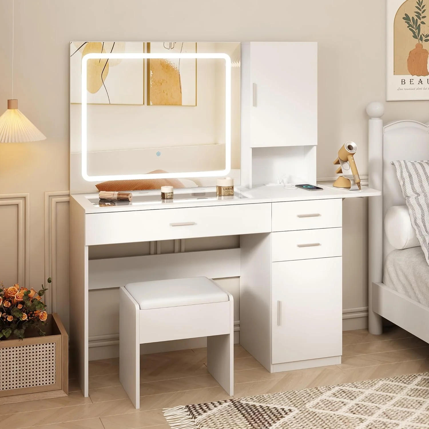 xrboomlife White Vanity Desk with Mirror and Lights  Glass Top Vanity Table with Charging Station  3 Drawers and Jewelry Cabinet  Large HD Mirror  Vanity  3 Lighting Modes  45in(L)