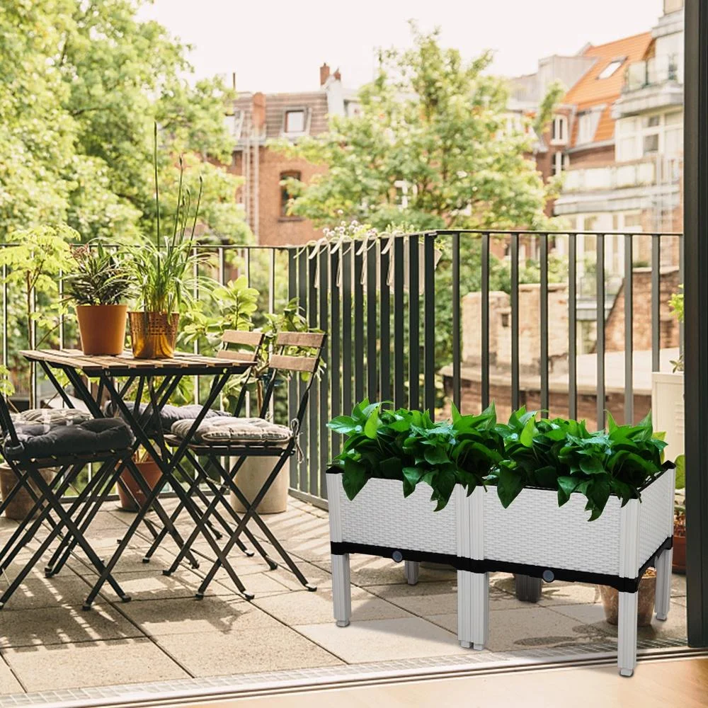 Plastic Raised Garden Bed Kit, Seizeen Planting Box Set of 2, Garden Plant Container Rattan Pattern, with Removable Legs, Drainage Hole, Free Combined DIY Design