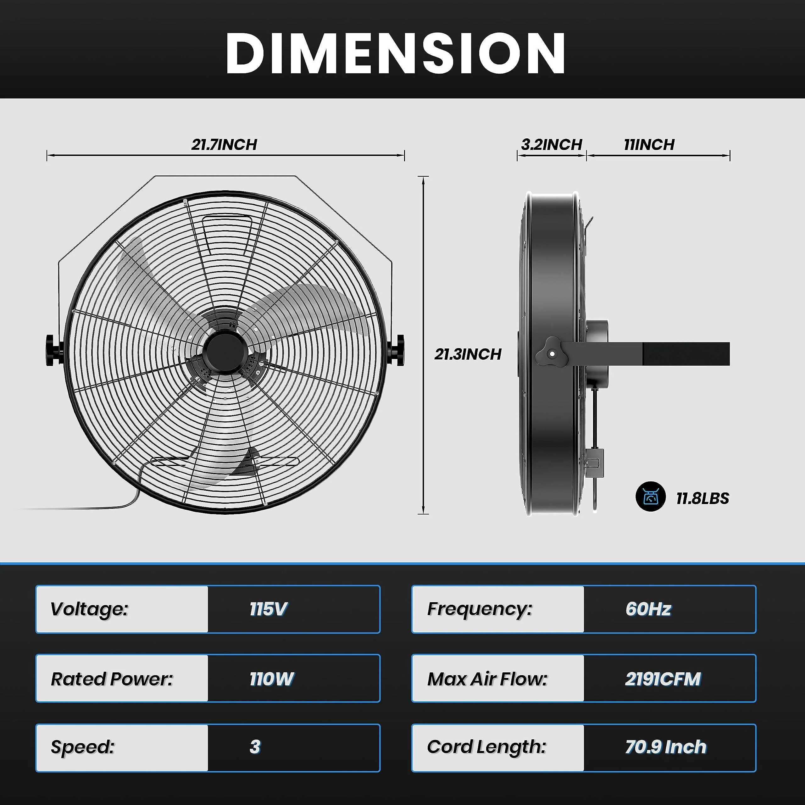 18 Inch High Velocity Wall Mount Fan with Rack, Commercial Metal Ventilation Fan, 3 Speed Industria