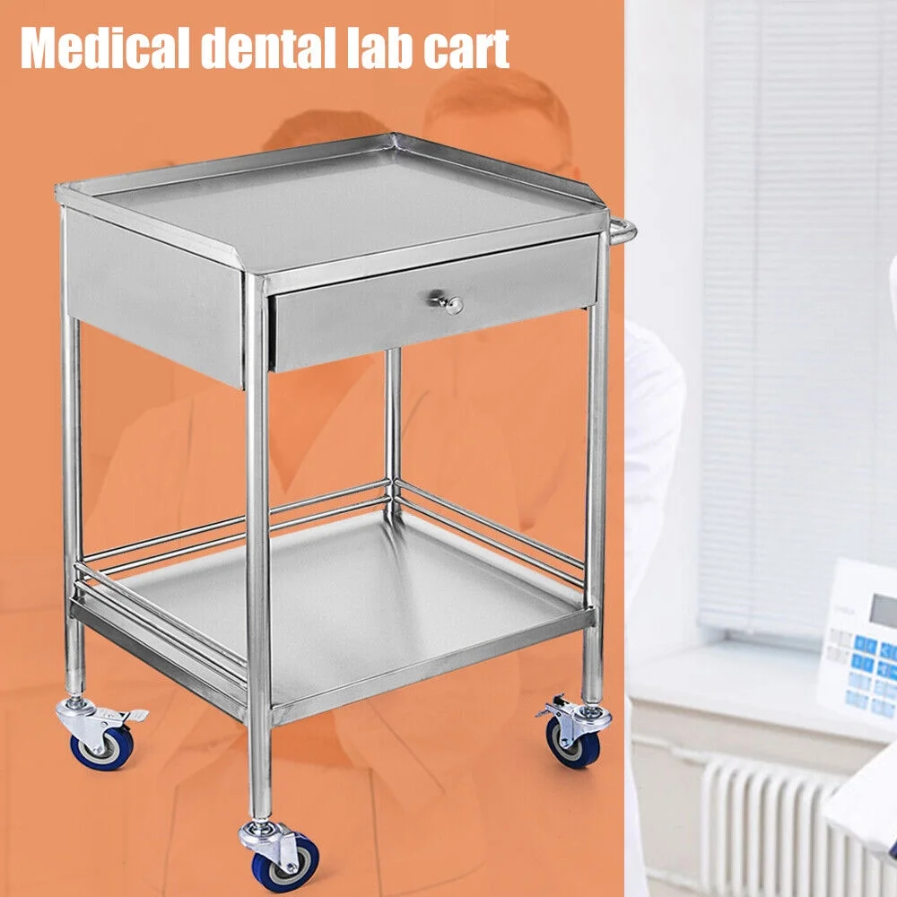 Miumaeov 2 Layer Medical Hospital Lab Emergency Rolling Trolley Single Drawer Mobile Stainless Steel Serving Cart Stand with Wheels