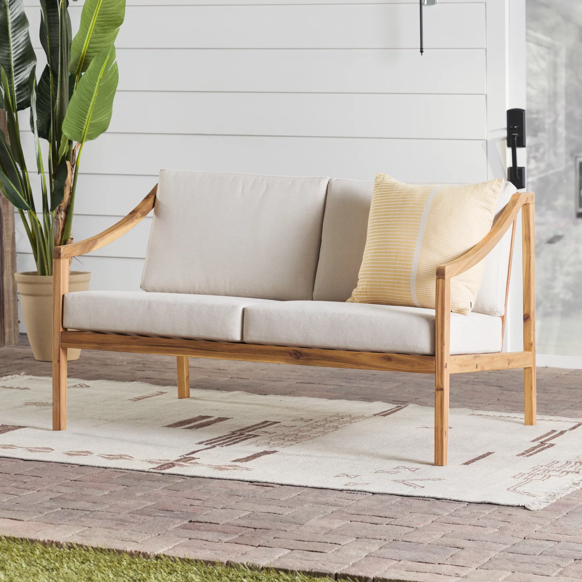 Walker Edison Modern Solid Wood Curved-Arm Outdoor Loveseat, Natural
