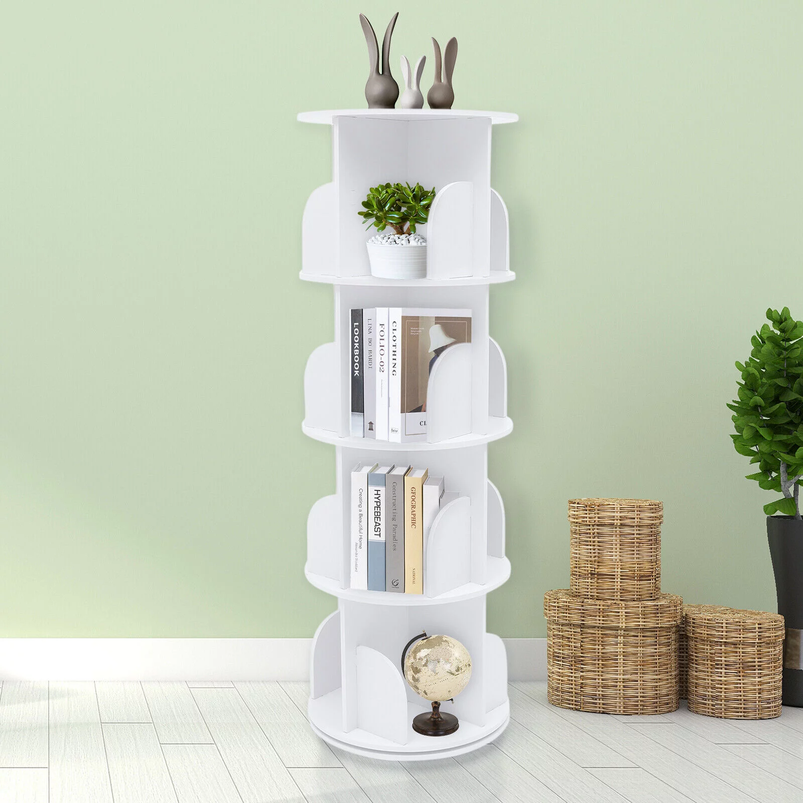 Miumaeov 4 Tiers 360° Rotating Bookshelf Bookcase Floor Standing Storage Shelf White Book Organizer Display Rack for Study Room Office