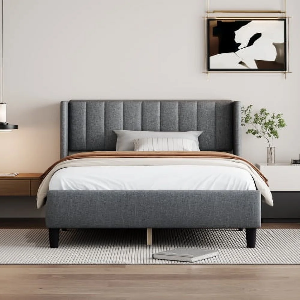 DremFaryoyo Queen size Upholstered Platform Bed Frame with Headboard  Mattress Foundation  Wood Slat Support  Quiet  no Box Spring Needed  Easy to Assemble Light Grey