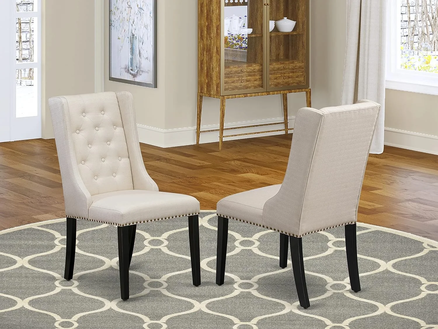 FOP1T01 Forney Parson Dining Chairs - Button Tufted Nailhead Trim Cream Linen Fabric Padded Chairs, Set Of 2, Black