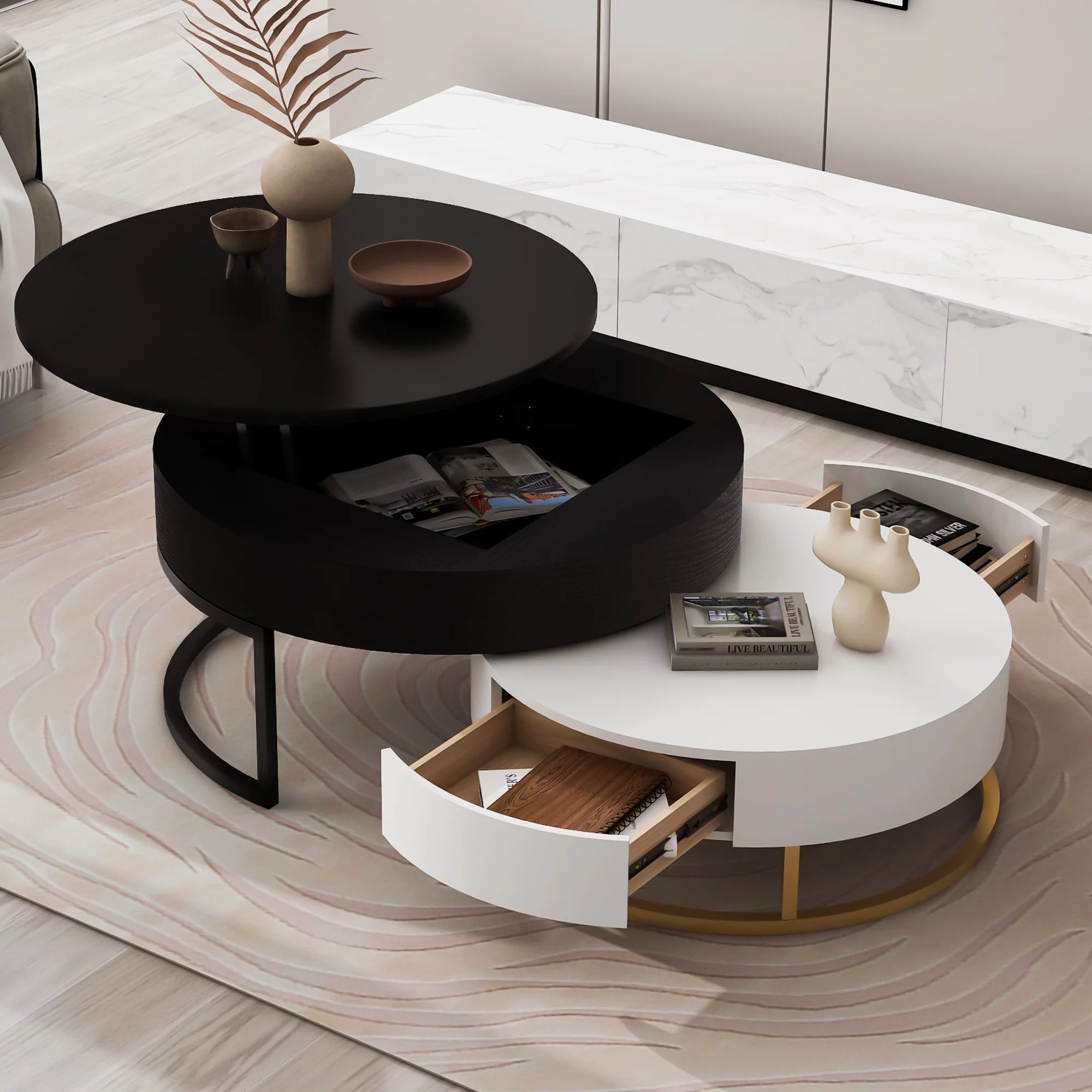 Homiyad Modern Round Lift-Top Nesting Coffee Tables with 2 Drawers White & Black
