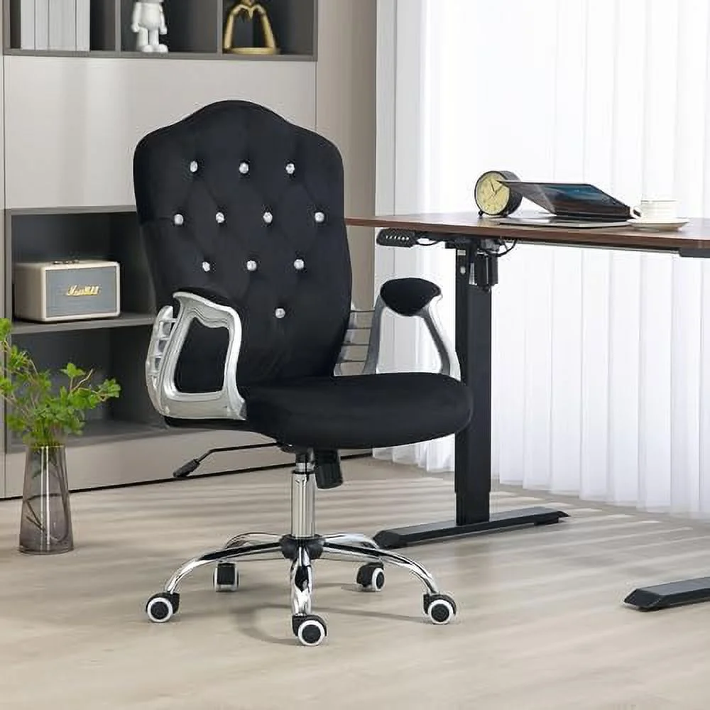 TJCGDTY Home Office Chair  Velvet Computer Chair  Button Tufted Desk Chair with Swivel Wheels  Adjustable Height  and Tilt   Black