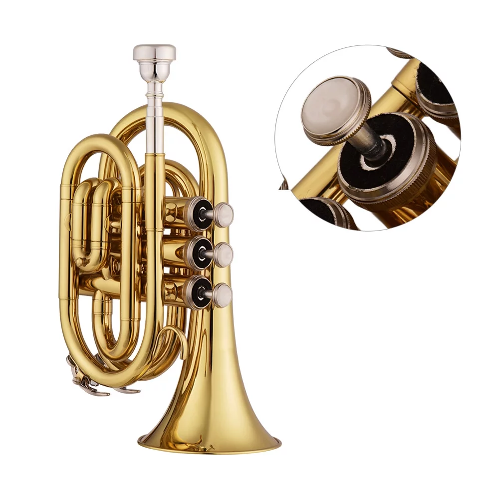 Tomshoo Trumpet Bb Flat Brass Pocket Wind Instrument with Mouthpiece Gloves Cleaning Cloth Carrying Case