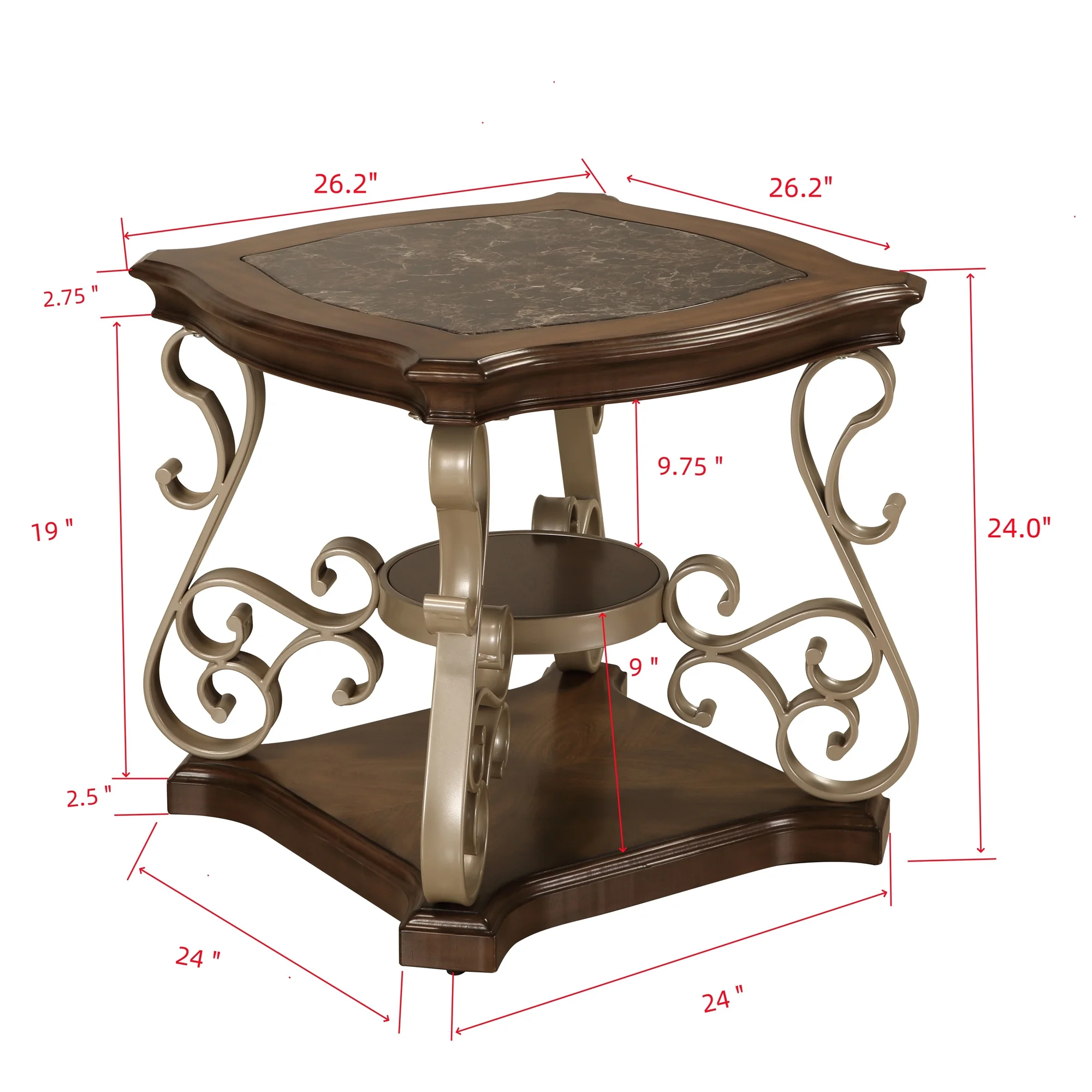 Glavbiku Retro Coffee Table with Marble Top,Champagne Metal Legs End Table,Brown,26.2