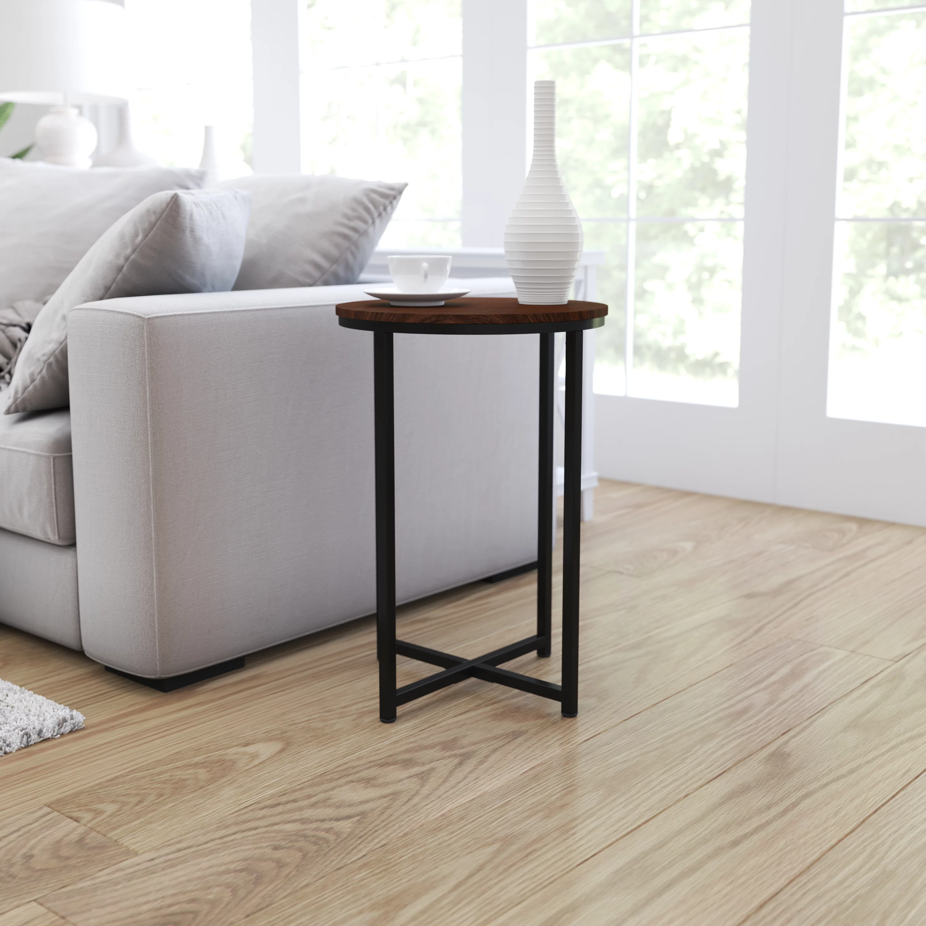 Merrick Lane Walnut End Table with Round Matte Black Cross Brace Frame