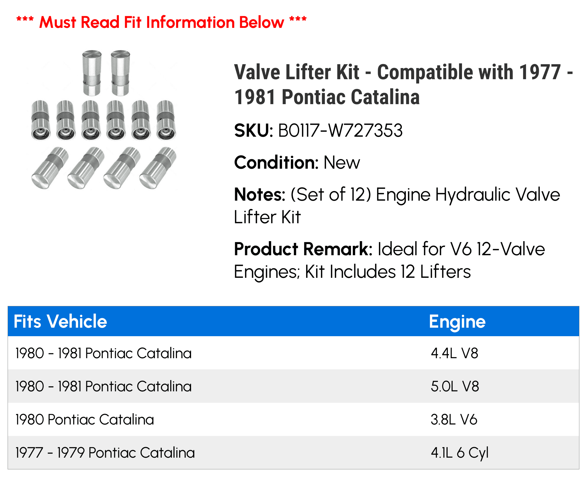 Valve Lifter Kit - Compatible with 1977 - 1981 Pontiac Catalina 1978 1979 1980