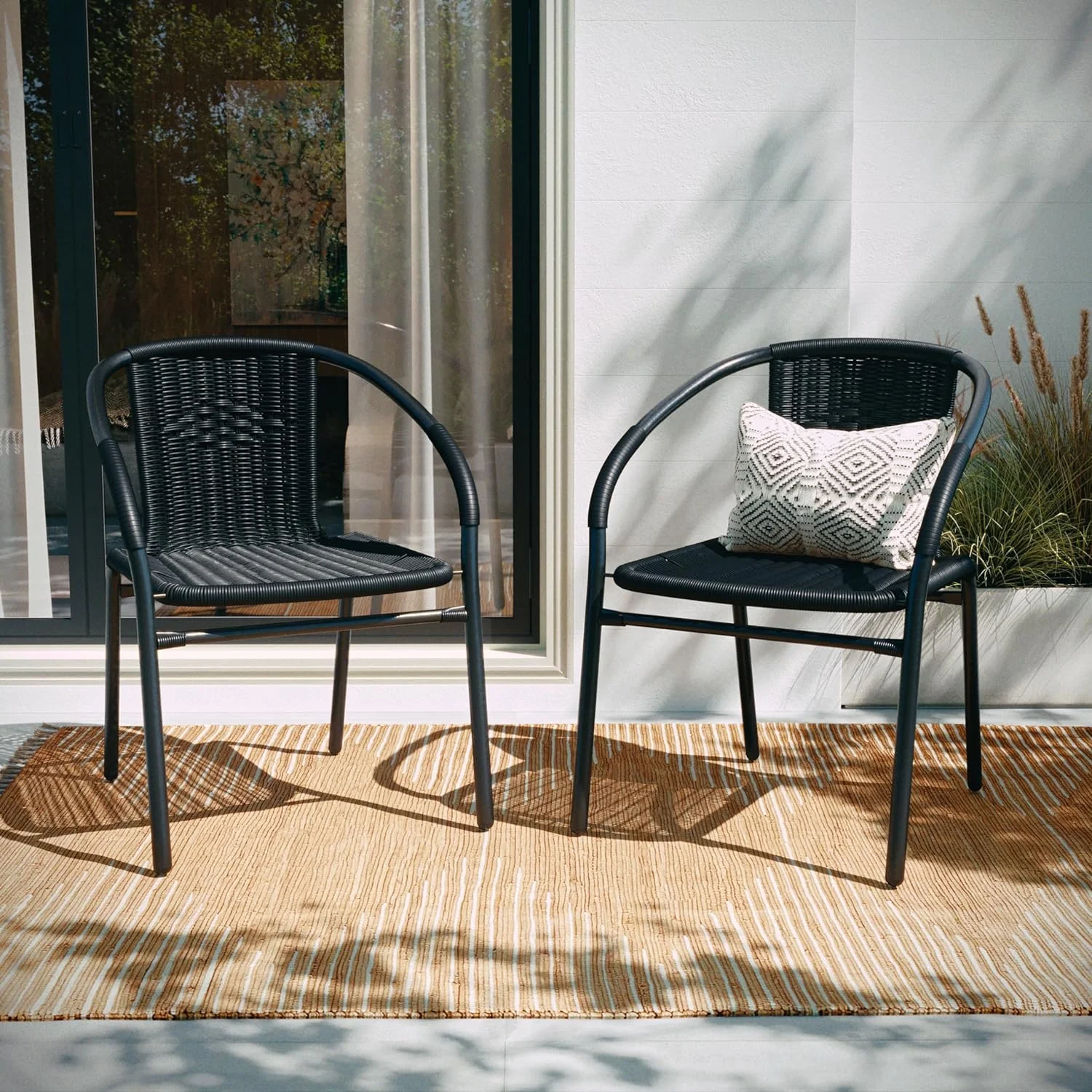 2-Pack Black Rattan Stackable Chairs: Indoor-Outdoor Restaurant Seating with Curved Back