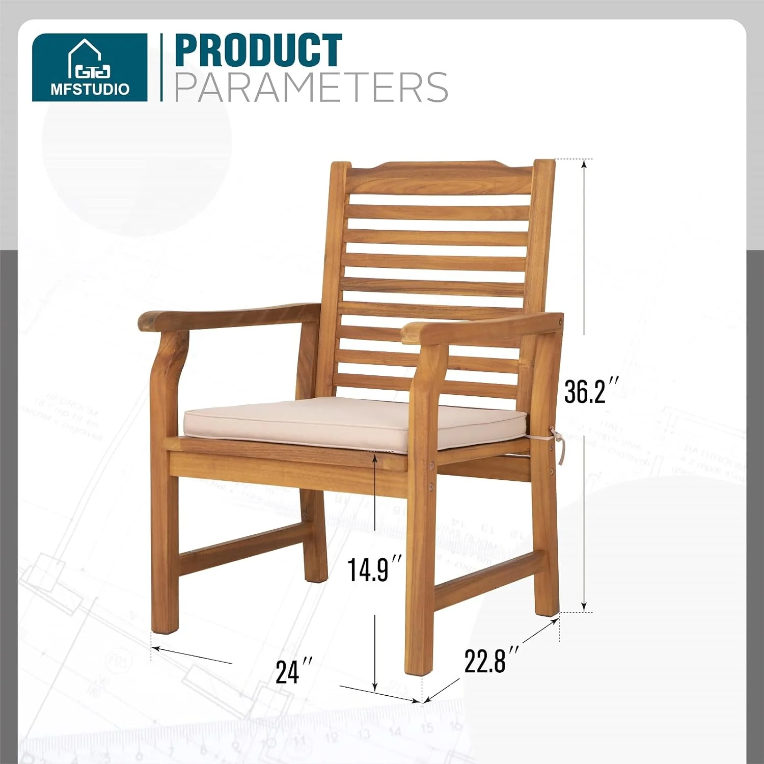 Acacia Wood Patio Dining Chairs Set Of 2, All Weather Extra Large Outdoor Dining Chairs, 2 Pieces Slat Back Teak Finished Patio Chairs With Soft Removable Cushion For Garden, Porch, Backyard