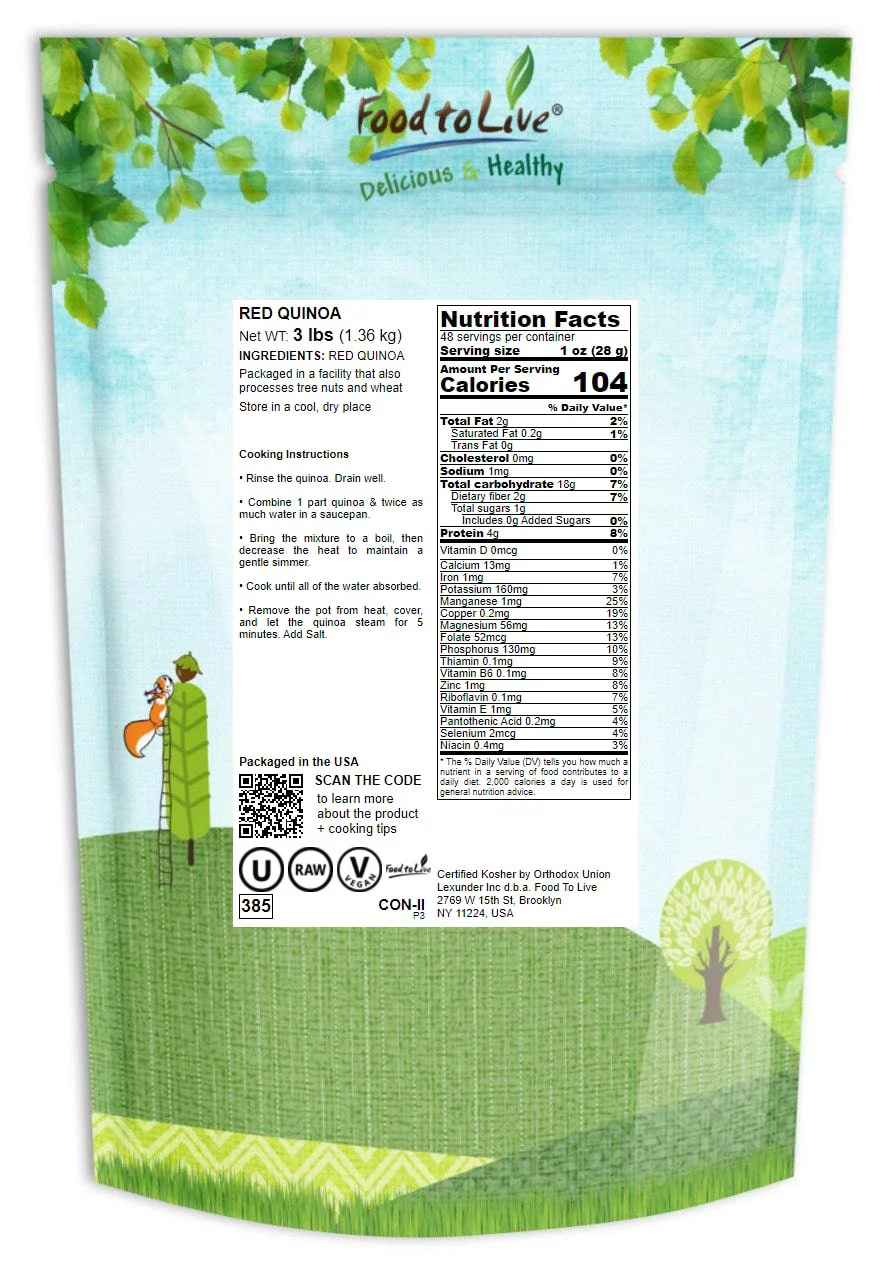 Red Quinoa, 3 Pounds — Raw, Kosher, Vegan — by Food to Live