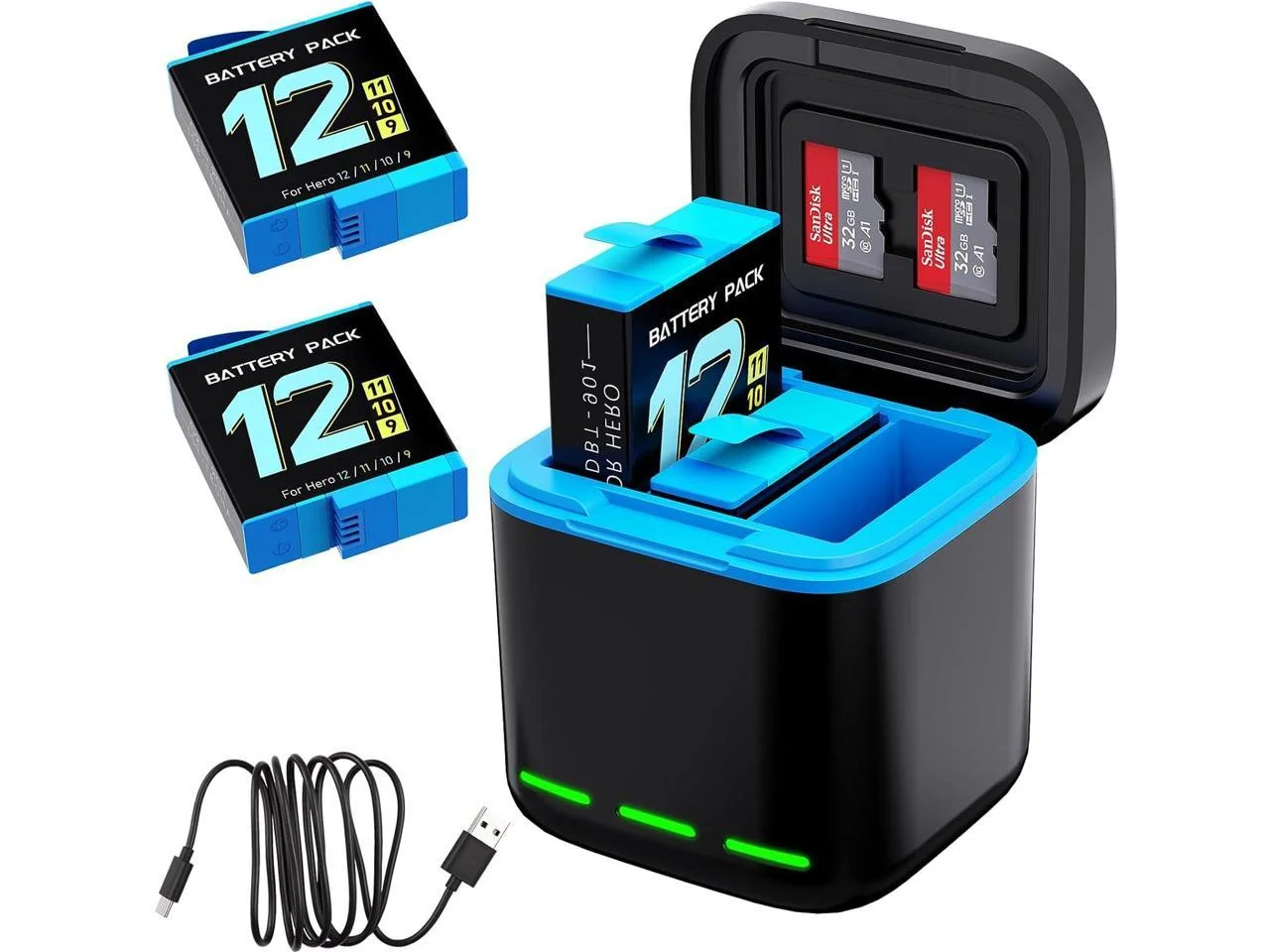 For Gopro Hero 12/11/10/9 Battery 2-Pack 1750mAh and USB Storage 3-Channel Fast Charger Fully Compatible with GoPro Hero 12, Hero 11, Hero 10, Hero 9 Black Official with Micro SD Card Slot