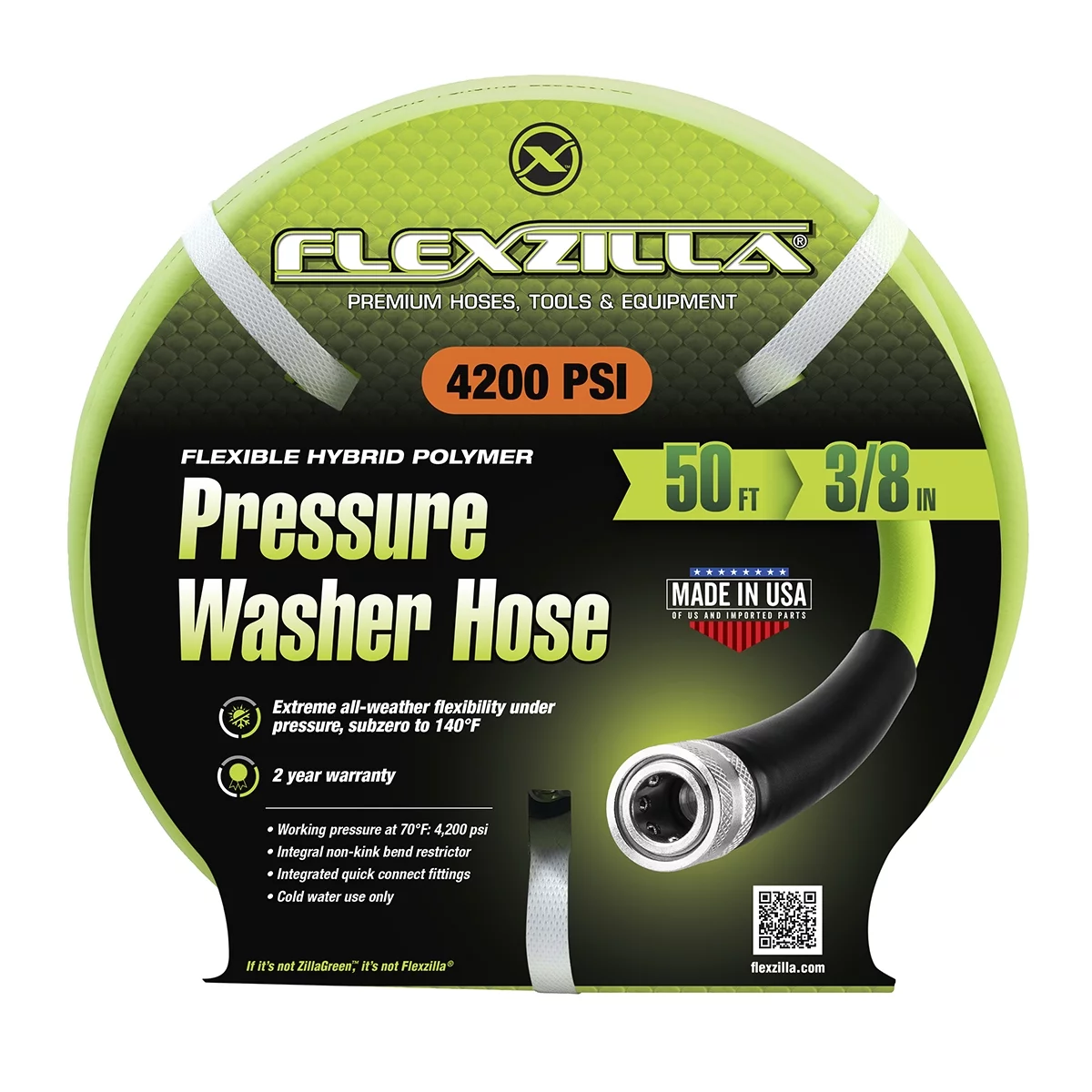 Flexzilla® Pressure Washer Hose, 3/8 in. x 50 ft., 4200 PSI, Integrated Quick Connect Fittings, ZillaGreen®
