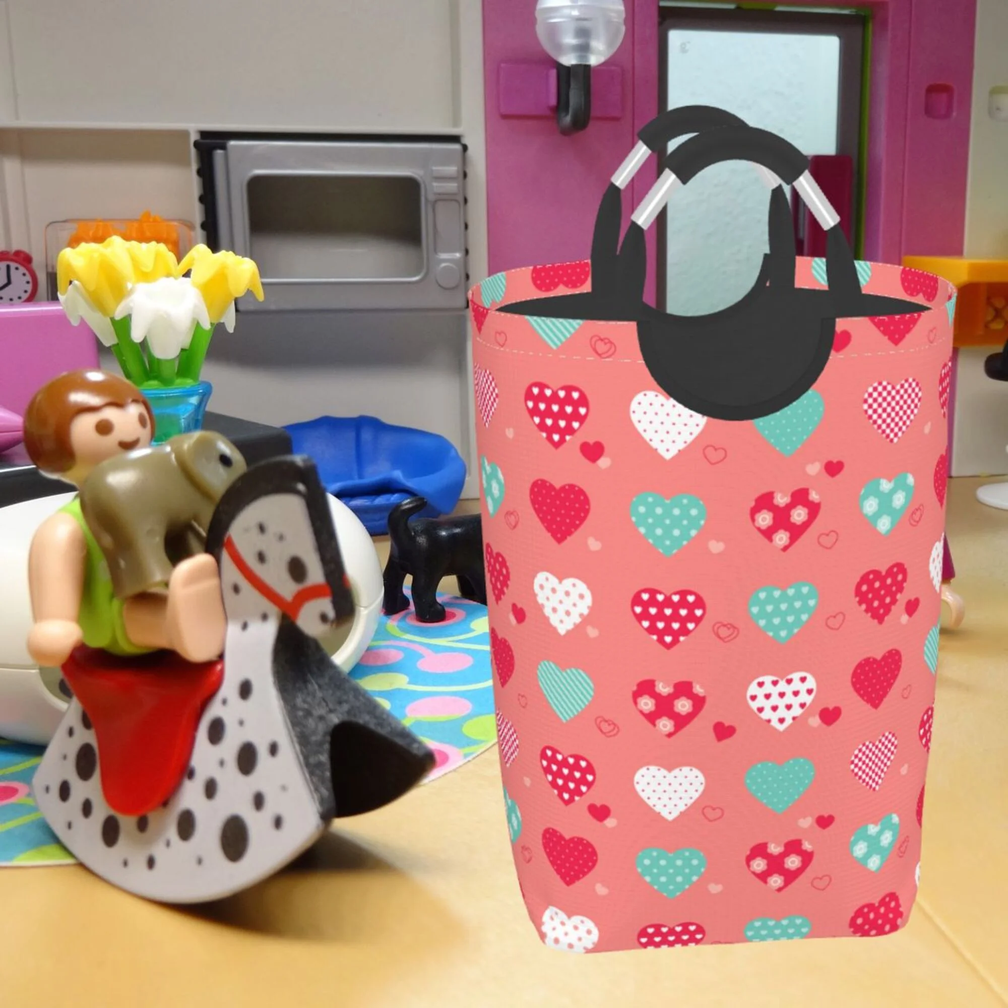 TEQUAN 50L Large Rectangular Laundry Hamper with Aluminum Handles, Pink Cute Hearts Prints Waterproof Foldable Dirty Clothes Basket