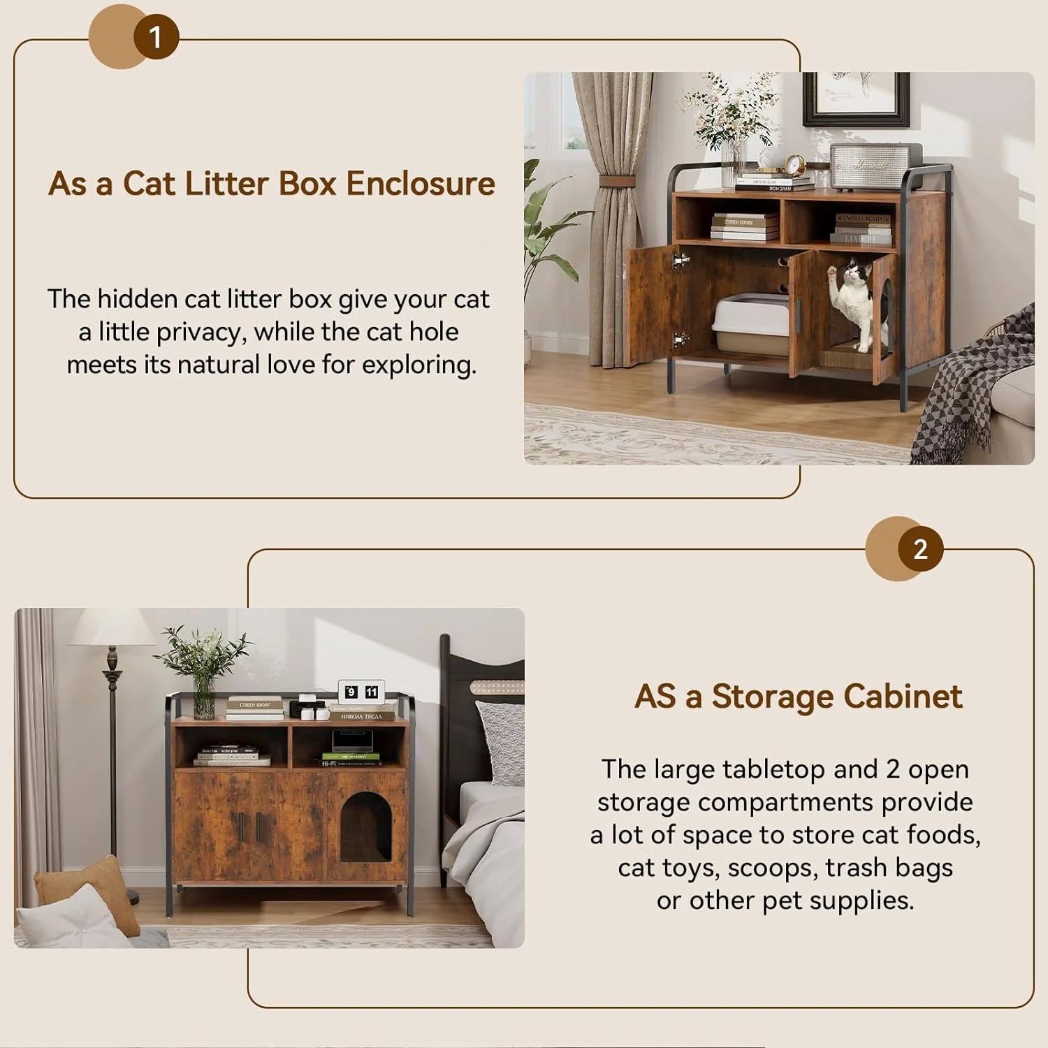 Litter Box Enclosure, Cat Litter Box Furniture Hidden, Cat Washroom Bench Storage Cabinet Large with Double Doors and Open Shelf for Bedroom, Living Room