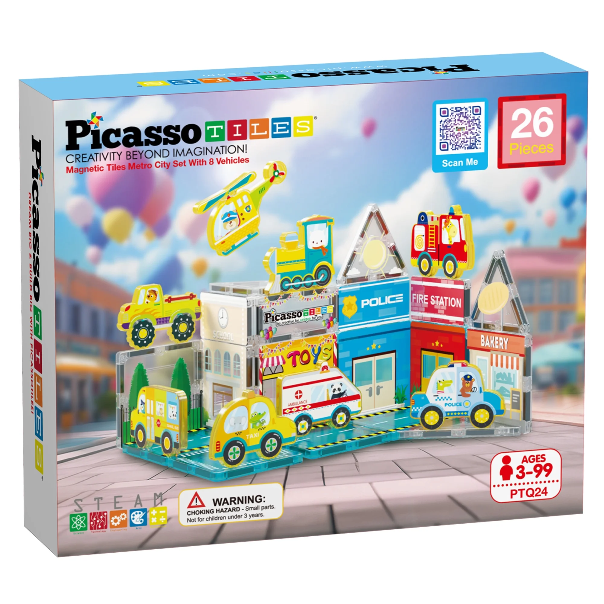 PicassoTiles 26 PC Metro City Themed, Magnetic Tiles, Magnetic Building Blocks for Kids, Magnet for Kids 3+