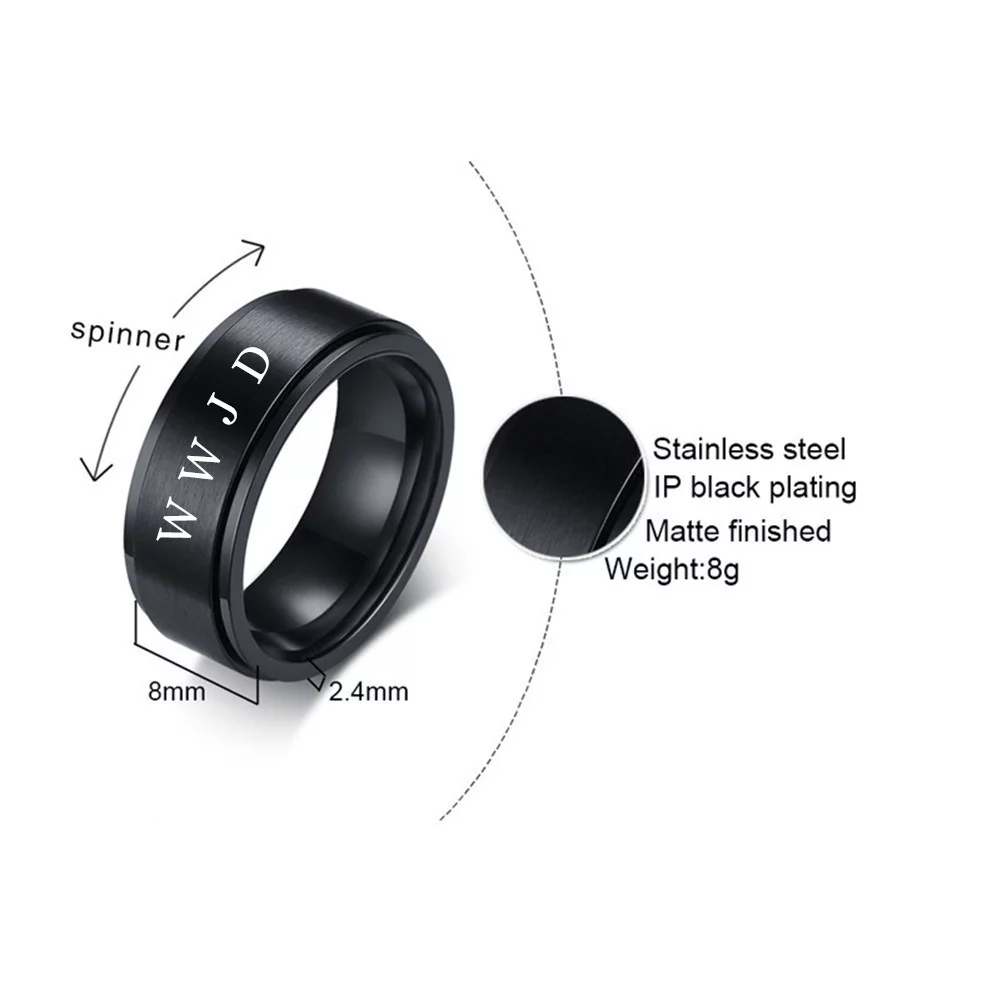 Stainless Steel Christ WWJD Spinner Ring, What Would Jesus Do Rotatable Anxiety Stress Relieving Finger Ring for Women Men Christian Meditation Jewelry,Black,Size 11