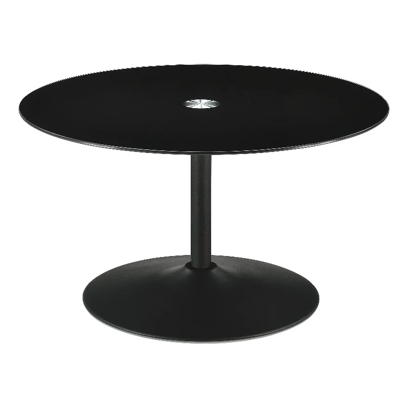 Pemberly Row Round Metal Coffee Table with Tempered Glass Top Black